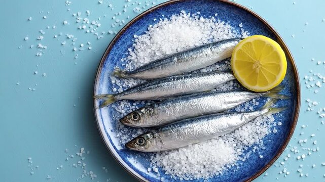 A fresh and appetizing top-down view of raw sardines resting on a bed of coarse sea salt. A slice of lemon adds a vibrant touch to the rustic blue ceramic plate. This minimalist composition on a light