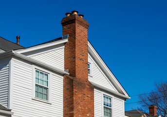 Home facade with white siding and brick chimney in Brighton, Massachusetts, USA