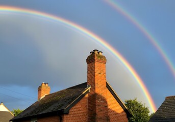 A beautiful rainbow above a red bricked house and chimney