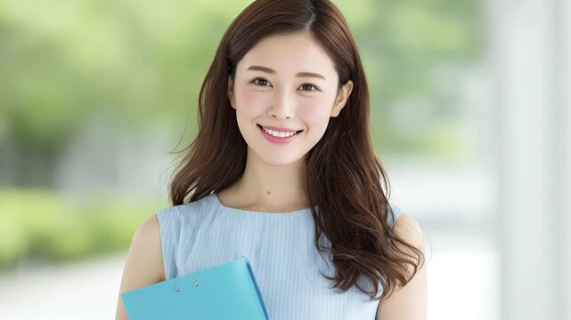 A friendly young professional woman with a warm smile looks directly at the camera, confidently holding a blue folder or binder. She is dressed in a smart, light blue striped top, conveying an approac