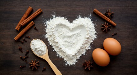 Flatlay of flour in a heart shape with baking ingredients