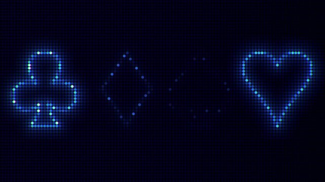 Luxury neon casino royal background. Dark abstract banner. Vip backdrop with neon poker card suits. Copy space for grand casino logo or title text. Online betting and jackpot win concept