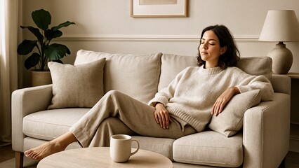 Fototapeta premium Young woman enjoys a moment of tranquility, resting on a comfortable sofa in a cozy living room, surrounded by soft neutral tones and natural elements, creating a peaceful and inviting atmosphere