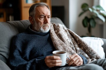 Senior man sitting on couch feeling sad and lonely at home