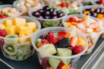Fresh fruit salad cups selling at market stall