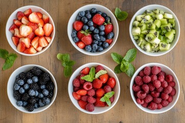 Bowls of fresh mixed berries and kiwi fruit