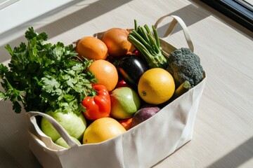 Reusable shopping bag full of fresh healthy groceries
