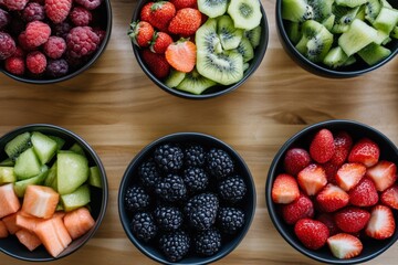 Healthy fresh fruit berries mix in bowls
