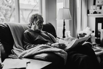 Senior man reading newspaper relaxing in living room