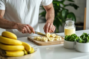 Man preparing healthy banana smoothie in kitchen