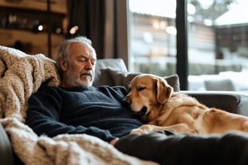 Senior man and golden retriever dog sleeping on couch