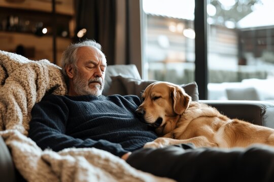 Senior man and golden retriever dog sleeping on couch - Powered by Adobe