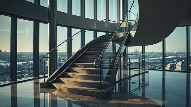 Curved staircase with glass railings inside modern skyscraper