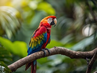 Obraz premium Vibrant Scarlet Macaw perched on branch, showcasing stunning plumage in natural rainforest setting, perfect for exotic travel and wildlife designs