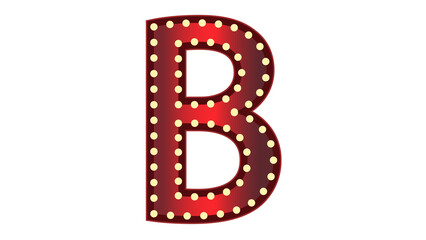 A vibrant red marquee letter B glows against a solid black background, illuminating charm.