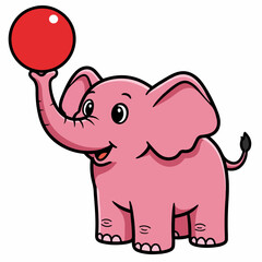 Fototapeta premium A cute pink elephant balancing a red ball on its trunk in a playful pose.