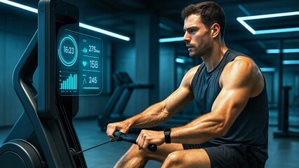 Muscular athlete exercising on a rowing machine with a digital display showing performance metrics in a modern gym setting, demonstrating the integration of technology in fitness
