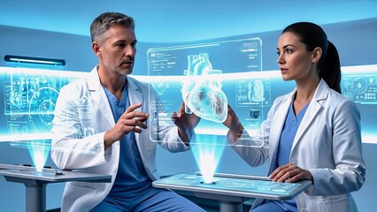 Two medical professionals interacting with a holographic human heart projection in a futuristic setting, analyzing data and collaborating on innovative healthcare solutions