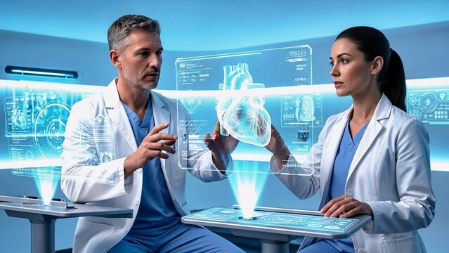 Two medical professionals interacting with a holographic human heart projection in a futuristic setting, analyzing data and collaborating on innovative healthcare solutions