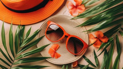 Overhead view showcasing an array of vibrant summer accessories on a light beige fabric mat