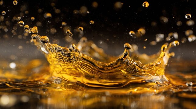 Golden Liquid Crown - Dynamic Splash of Amber Fluid with Suspended Droplets on Dark Backdrop.