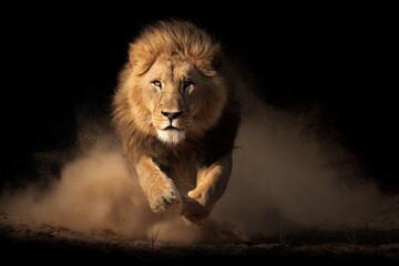 Dynamic image of a lion running fast at night, dust billowing, motion blur visible, intense and dramatic.
