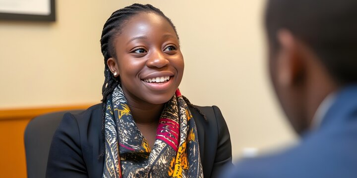 Cheerful young african american woman in business meeting with colleague smiling