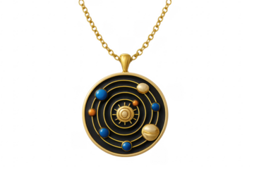 Golden solar system necklace showing cosmology and astronomy theme