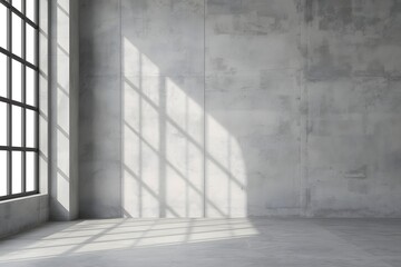 Neutral industrial interior background with gray concrete wall and shadow from window light.