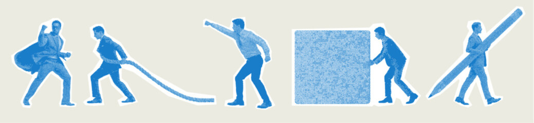Trendy halftone business people stickers. Business workers in different poses