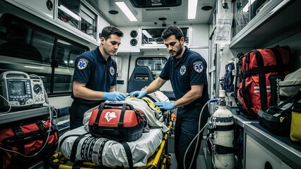 Two paramedics are working diligently inside a modern ambulance, providing critical medical care to a patient secured on a stretcher, surrounded by advanced medical equipment
