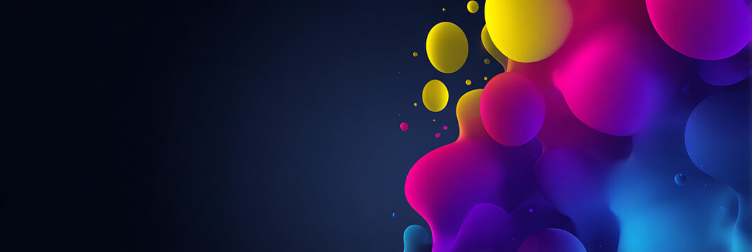 Vibrant abstract background featuring flowing liquid shapes and organic blobs in neon colors (yellow, magenta, blue, purple) arranged vertically on a dark backdrop with copy space.