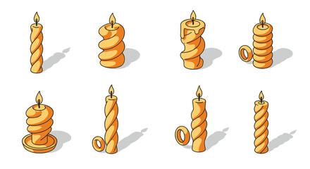 Isometric spiral candles with flames and shadows in various designs and stands