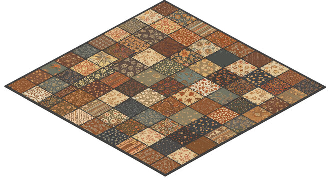 Vintage patchwork quilt pattern with floral and geometric designs in earth tones