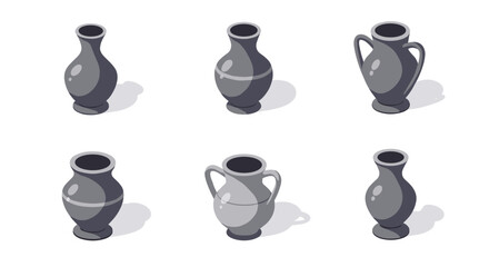 Set of six isometric ceramic vases with handles and shadows on white background
