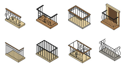 Isometric balcony railings collection: stylish wrought iron and wooden designs