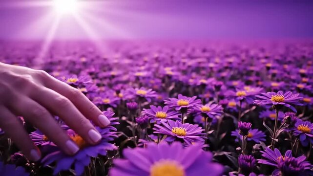 Close-up of a delicate hand gently caressing vibrant purple aster flowers in a vast field under a bright