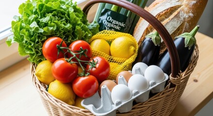 Fresh organic groceries in basket