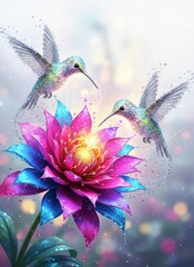 Fototapeta premium Two glittering hummingbirds hovering around a luminous flower in fantasy style. 