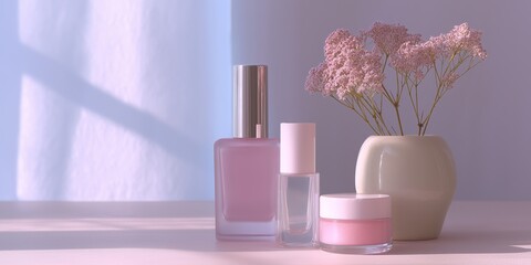 Feminine beauty composition with skincare products, a glass vase of fluffy pink blossoms