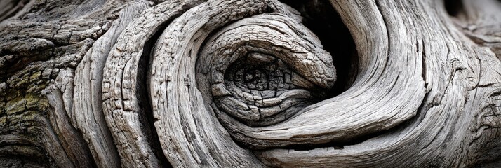 Macro shot of twisted, weathered wood showing a swirling grain pattern and a central knot