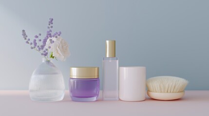 Assortment of beauty products and floral decor in a soft, bright setting.