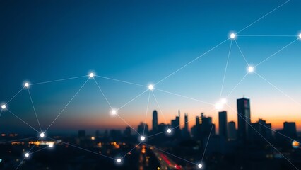 Abstract visualization of network connections with glowing light trails against a city skyline at dusk.