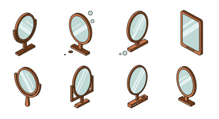Isometric set of mirror designs with wooden frames and unique shapes