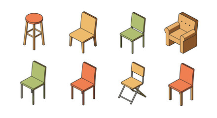 Variety of modern chairs in isometric style with different designs and colors