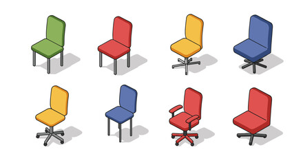 Isometric collection of colorful office chairs on white background