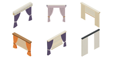 Isometric window treatments collection: curtains, blinds, drapes in various styles