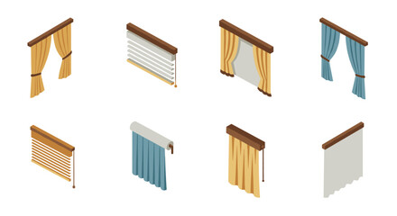 Isometric curtains and blinds set in various colors and styles for home decoration