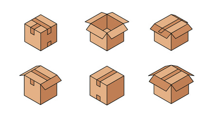 Isometric cardboard boxes set: open and closed packaging designs