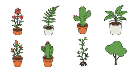 Charming cartoon plants in pots and nature elements